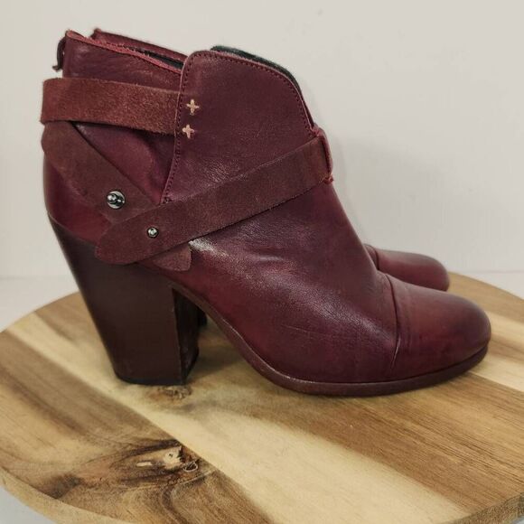 RAG & BONE Harrow burgundy red leather stud harness block heel ankle boots 8 US - Picture 1 of 13